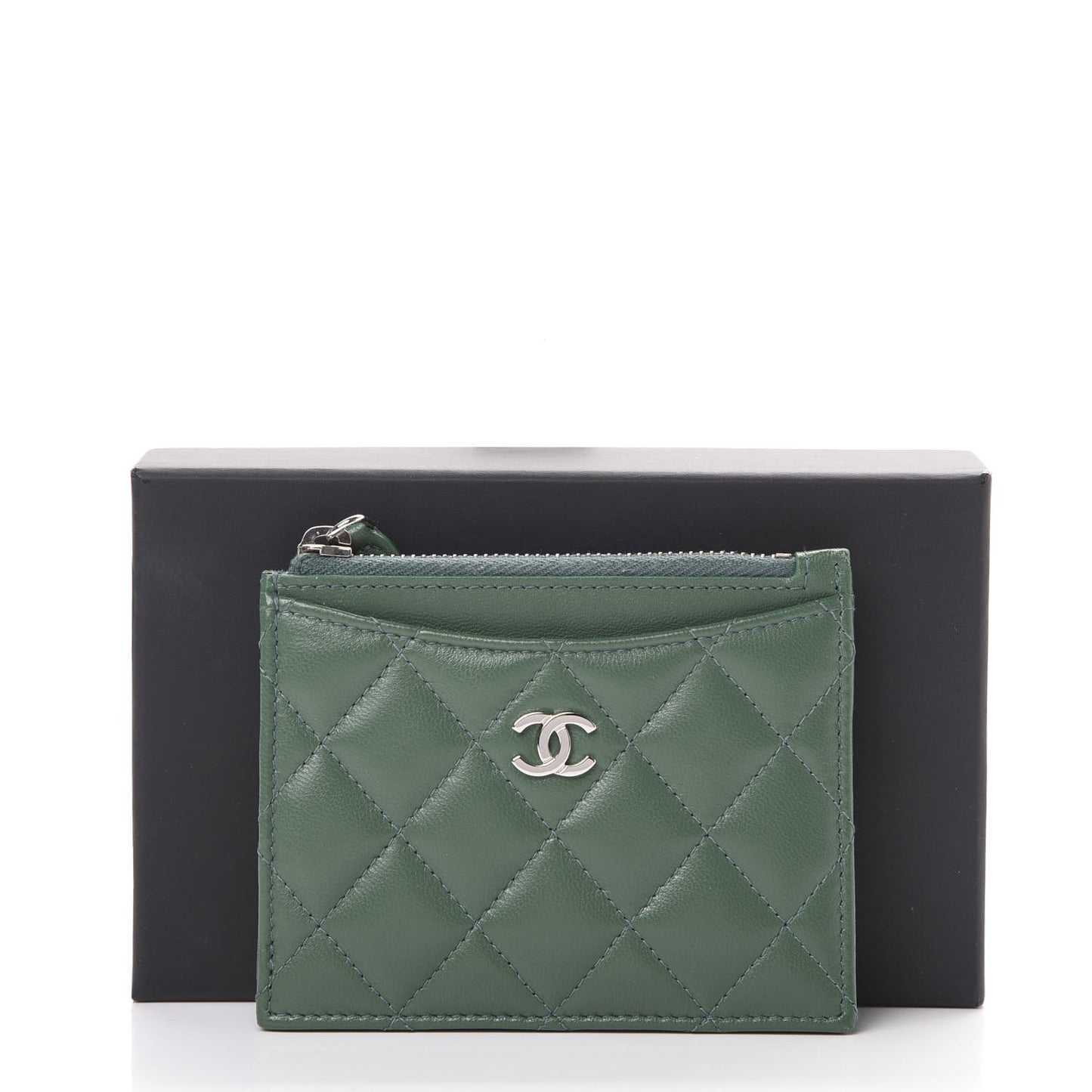 Lambskin Quilted Zip Card Holder Green