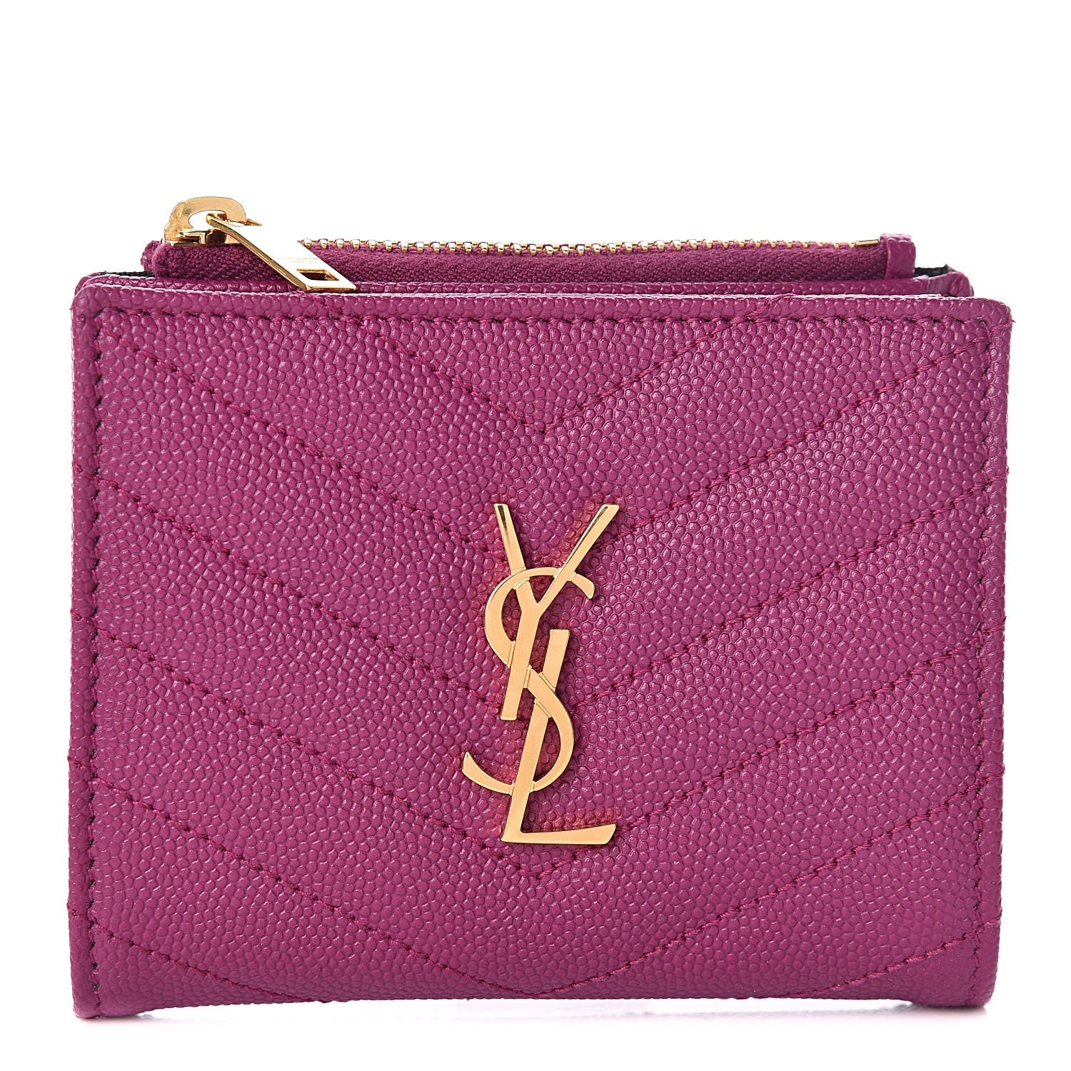Saint Laurent Grain De Poudre Matelasse Chevron Monogram Zipped Card Case Dark Grape 1 of 8