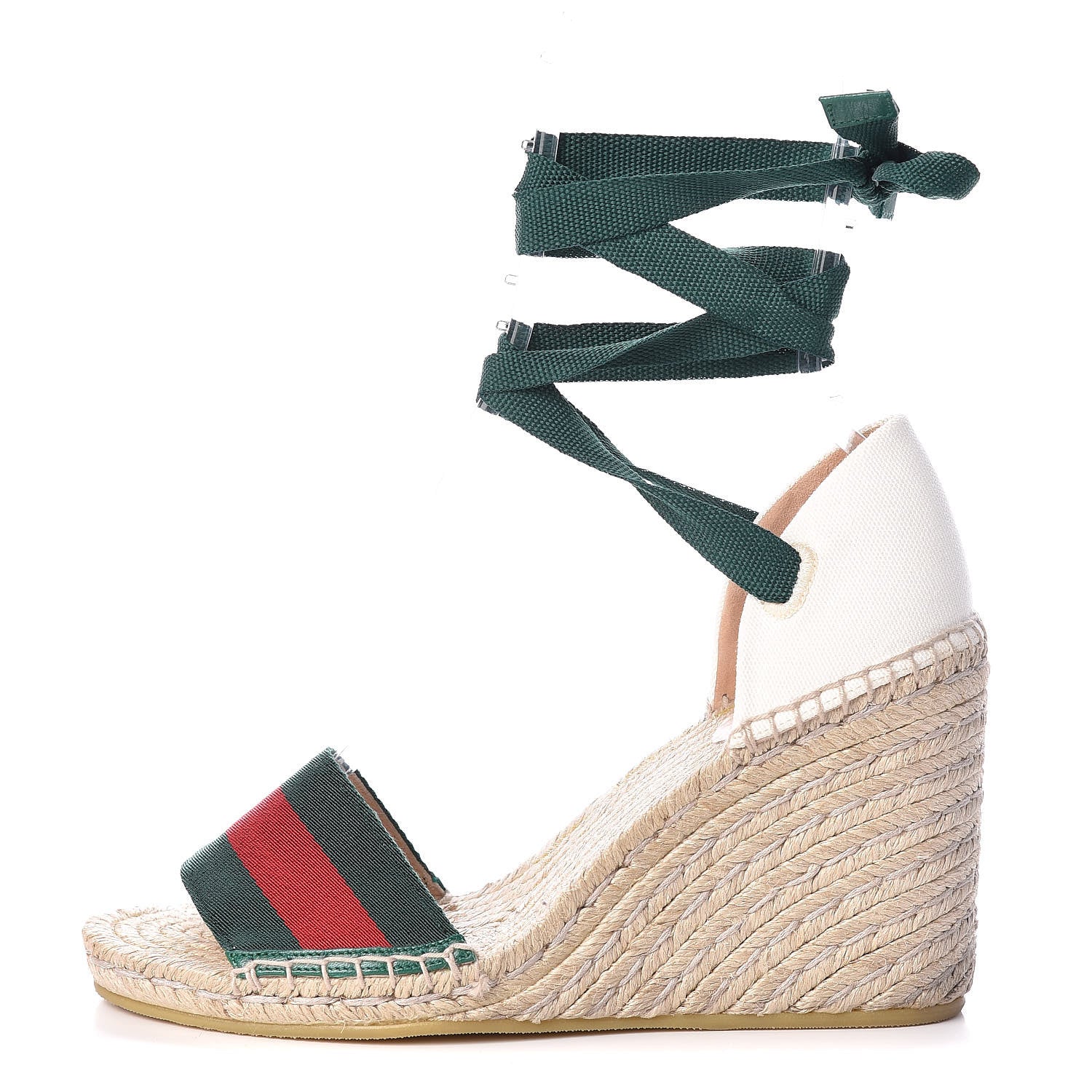 Gucci Canvas Malaga Kid Web Ankle Wrap Espadrille Wedge Sandals 38.5 Green Red Mystic White Emerald 1 of 9