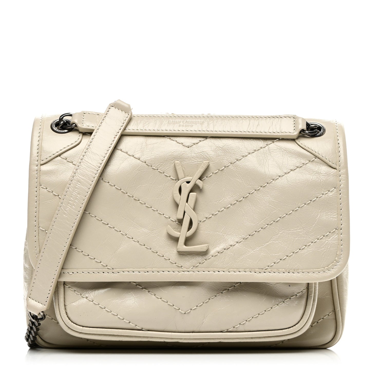 Crinkled Calfskin Matelasse Monogram Baby Niki Chain Satchel Ivory