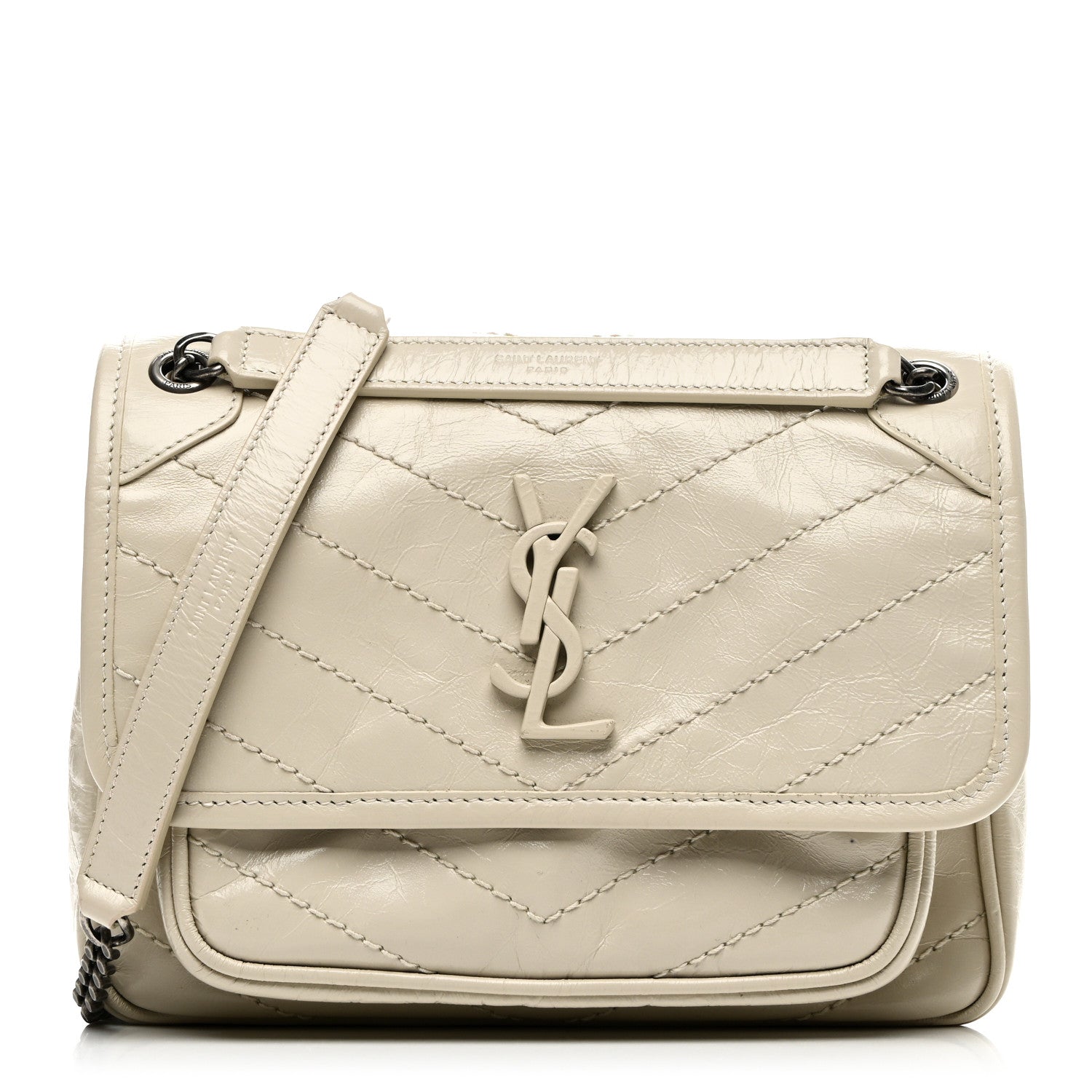 Saint Laurent Crinkled Calfskin Matelasse Monogram Baby Niki Chain Satchel Ivory 1 of 11