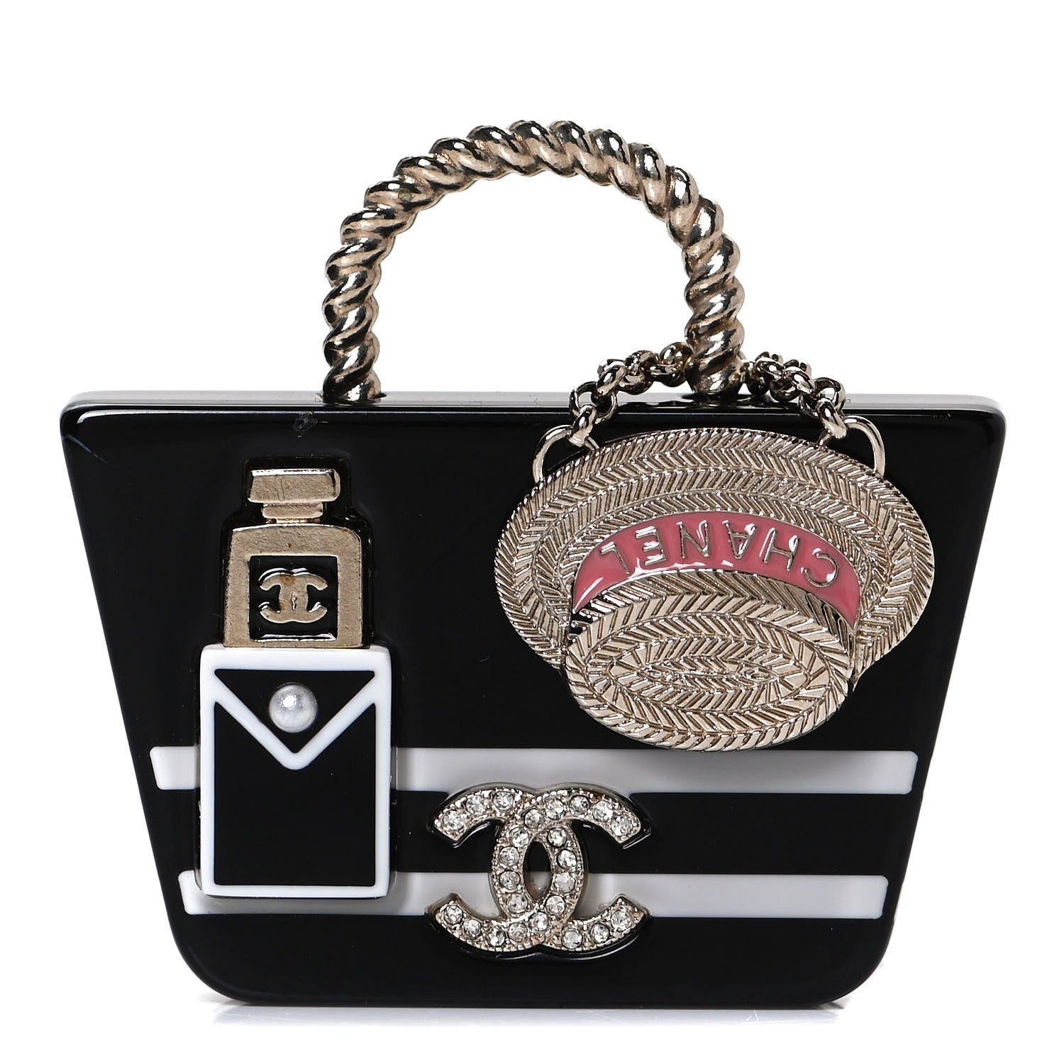 Chanel Resin Crystal Pearl Bag Hat Brooch Gold Black White 1 of 4