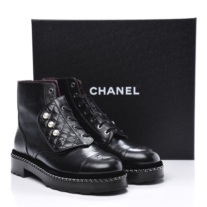 Chanel Crackled Calfskin Velvet Pearl Combat Short Boots 40 Black 8 of 8