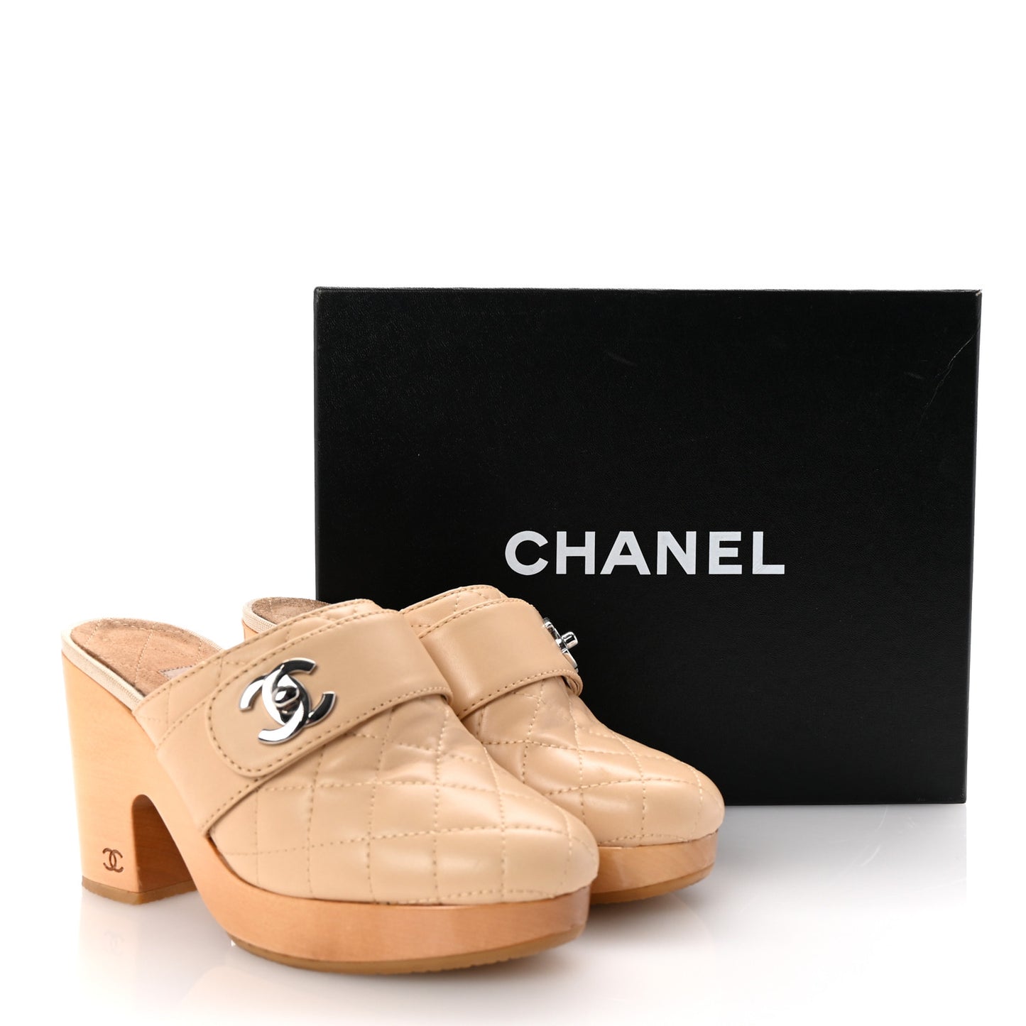 Lambskin Quilted CC Turn Lock Clogs 37 Beige