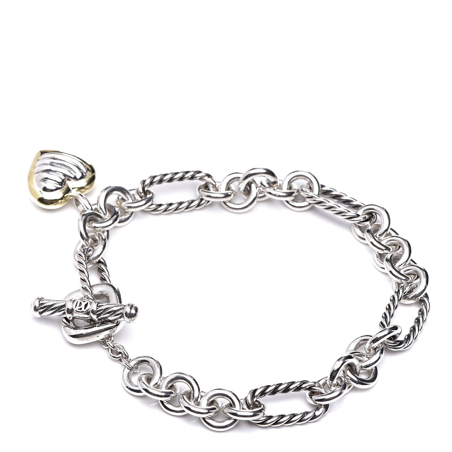 Sterling Silver 18K Yellow Gold Cable Heart Charm Bracelet