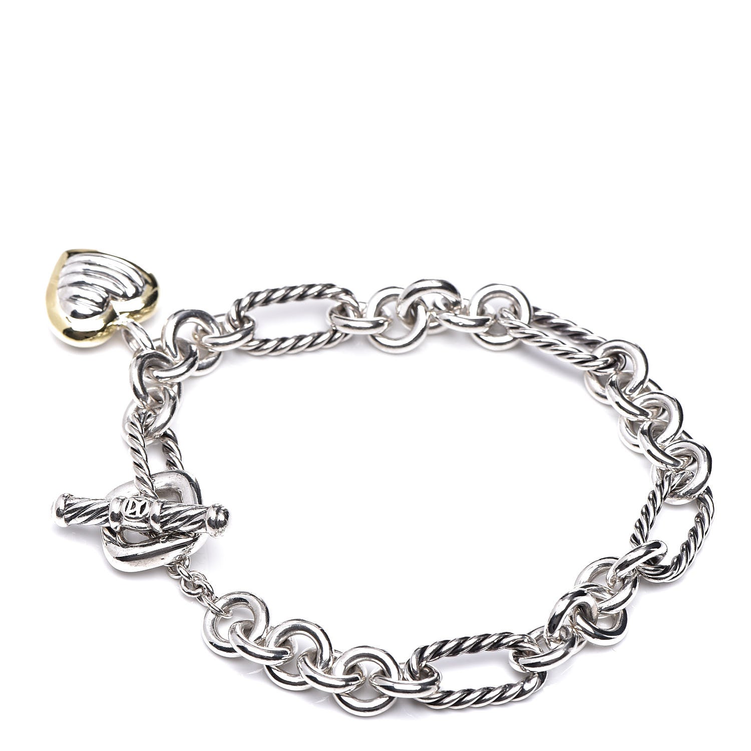 David Yurman Sterling Silver 18K Yellow Gold Cable Heart Charm Bracelet 3 of 5