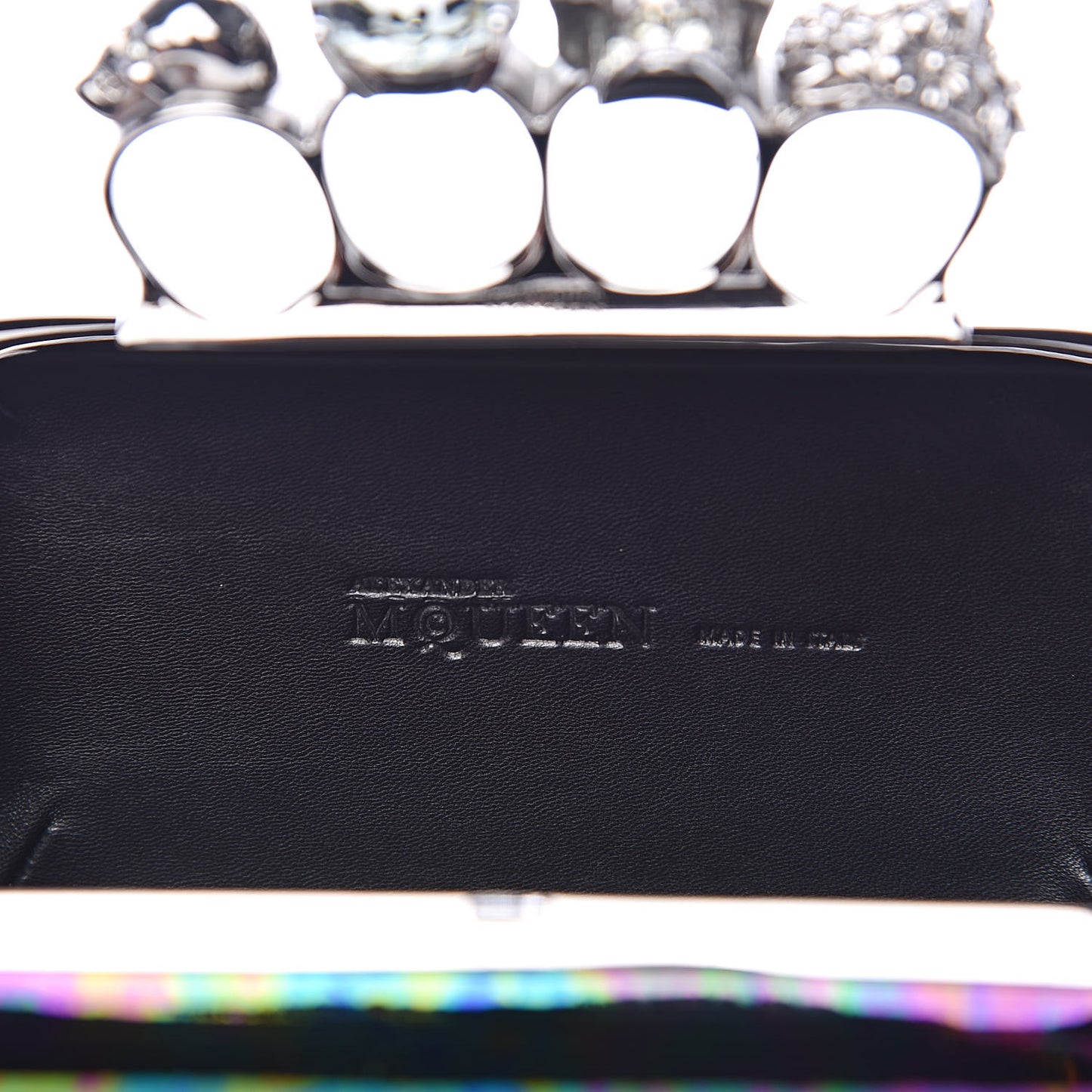 Patent Skull Knuckle Oil Slick Duster Box Clutch Multicolor