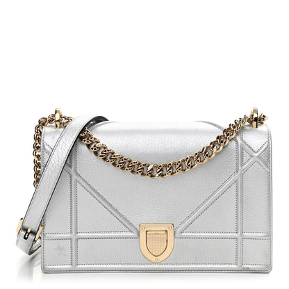 Christian Dior Metallic Grained Calfskin Medium Diorama Flap Bag Silver 1 of 11