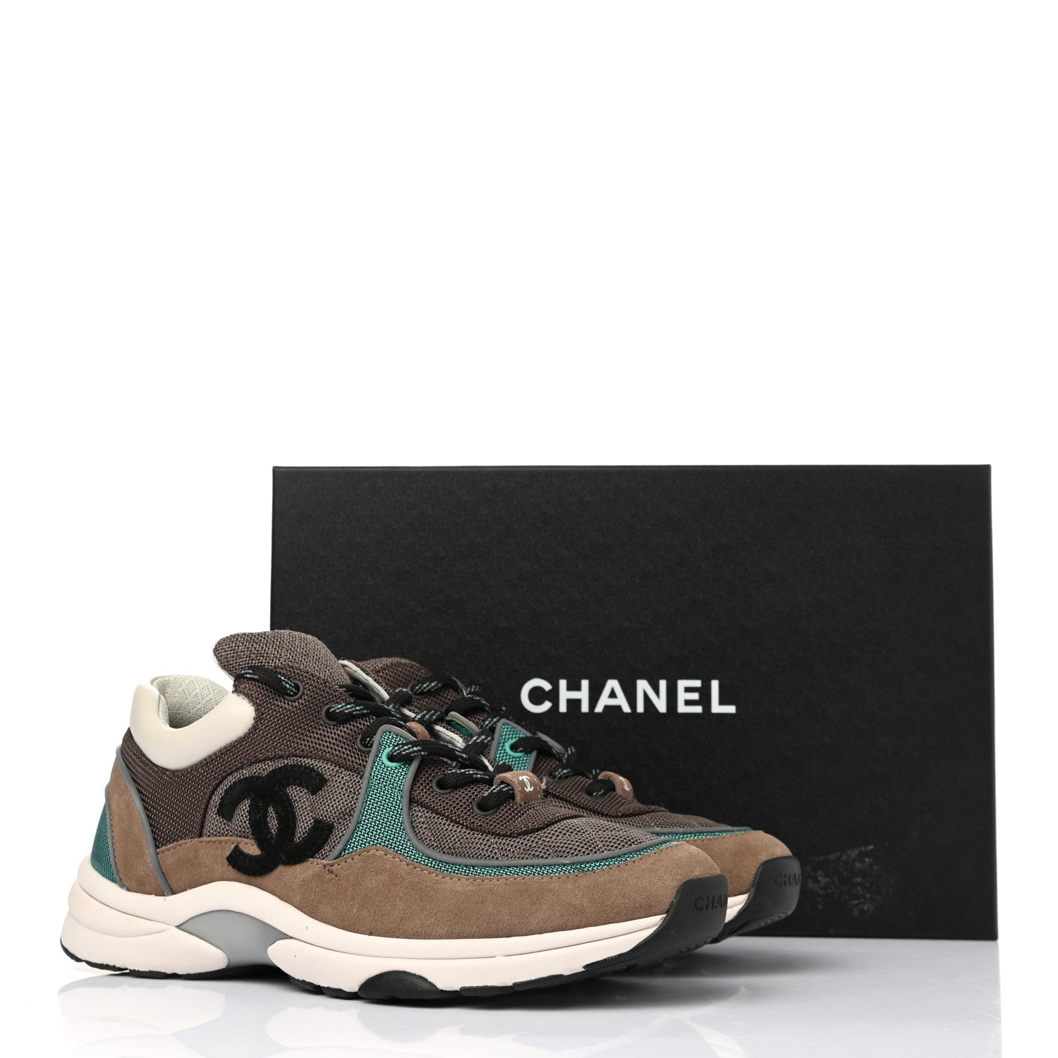 Chanel Nylon Calfskin Suede Womens CC Sneakers 40 Brown Green 8 of 8