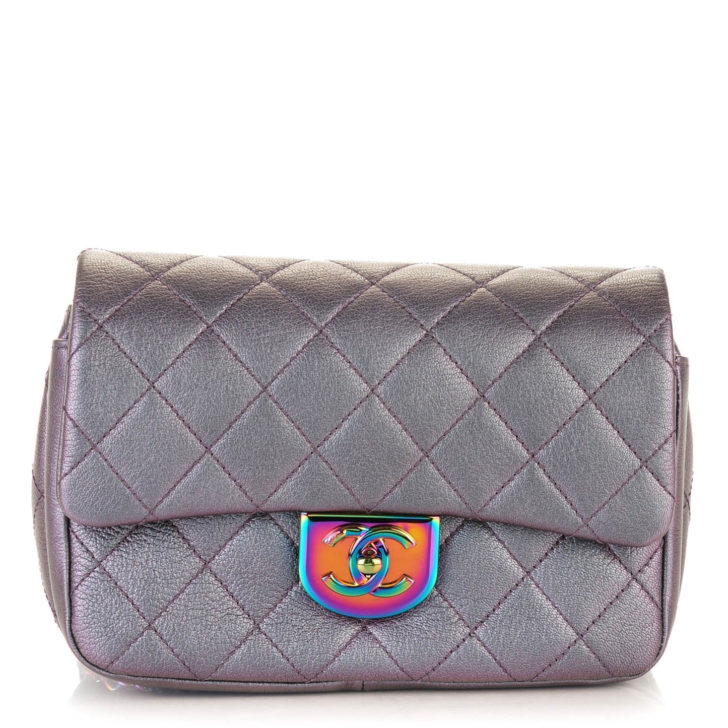 Iridescent Goatskin Quilted Small Double Carry Waist Chain Flap Purple