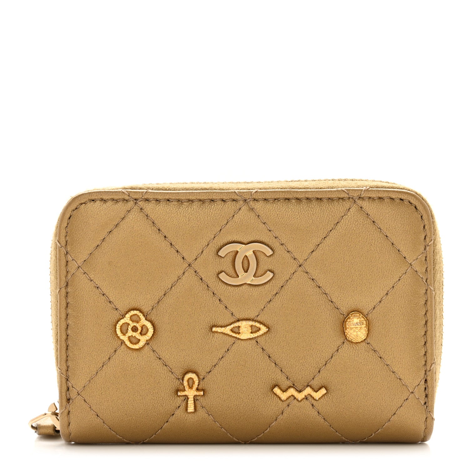 Chanel Metallic Lambskin Egyptian Amulet Zip Coin Purse Gold 1 of 9