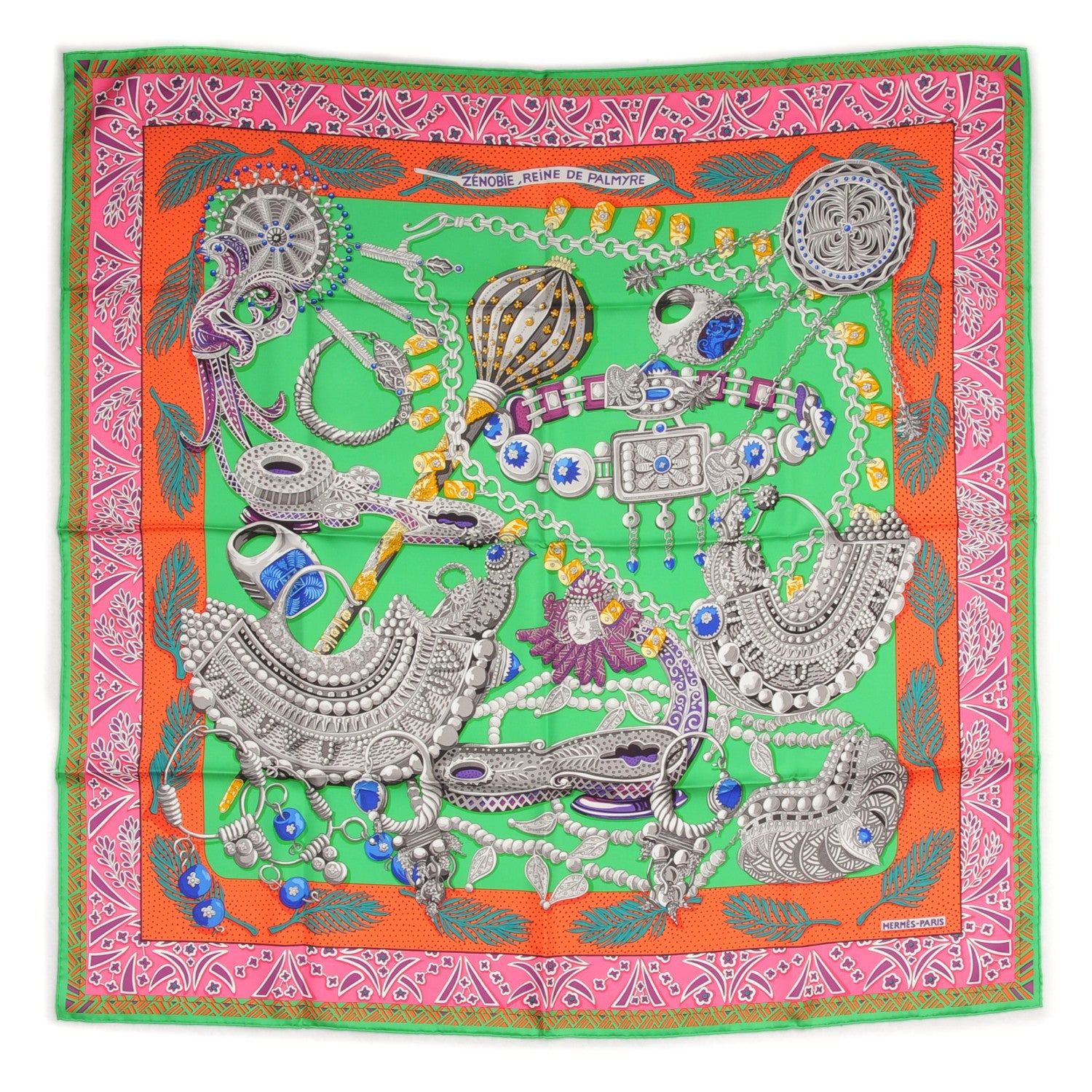 Hermes Silk Zenobie Reine De Palmyre Scarf 90 Vert Orange Rose Vif 2 of 5