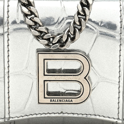 Balenciaga Metallic Calfskin Crocodile Embossed Mini Hourglass Wallet on Chain Silver 8 of 11