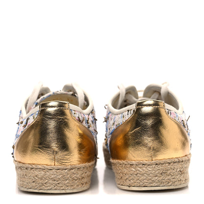 Chanel Tweed Laminated Lambskin Lace Up Espadrilles 39 Pink Blue Gold White 6 of 11