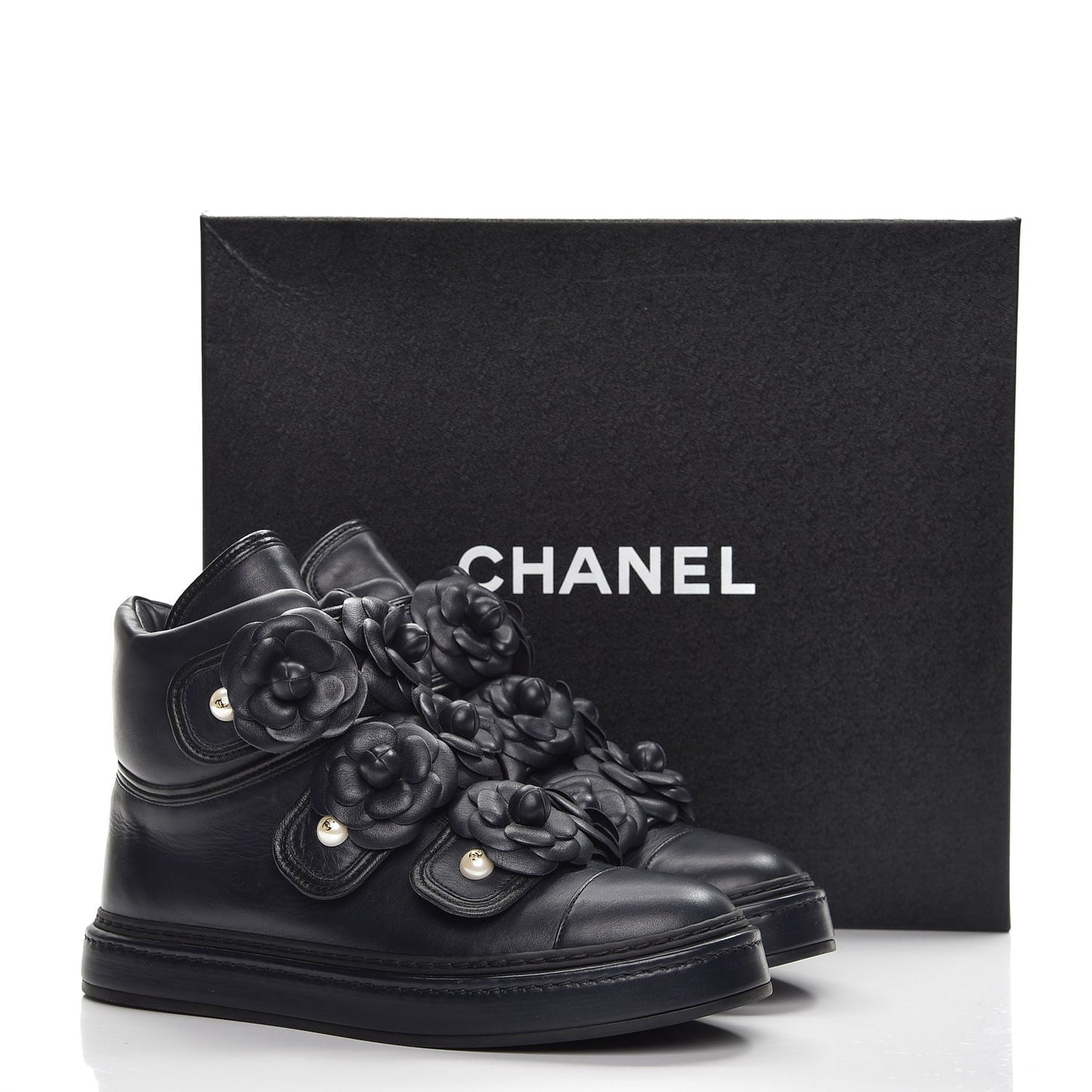 Calfskin Camellia High Top Sneakers 37.5 Navy