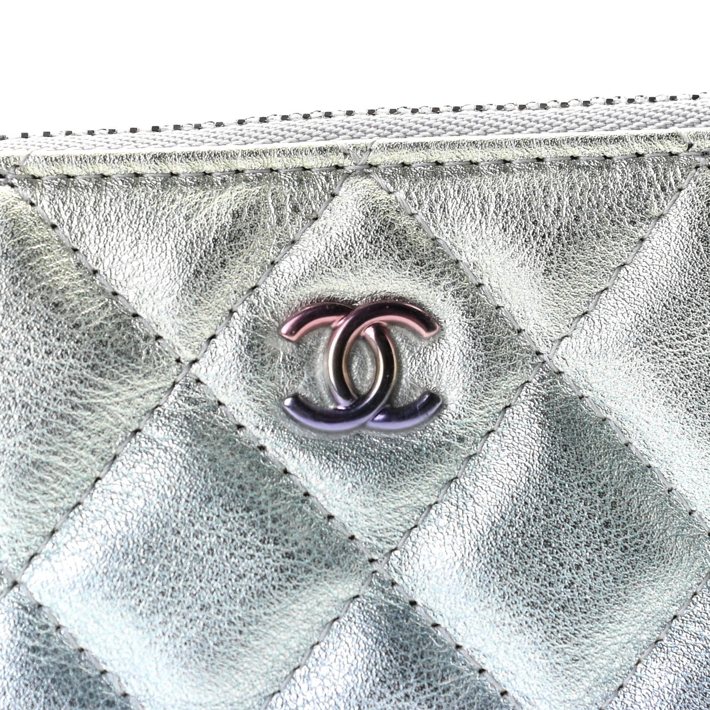 Gradient Metallic Calfskin Quilted Small Cosmetic Pouch Silver Blue Yellow Purple