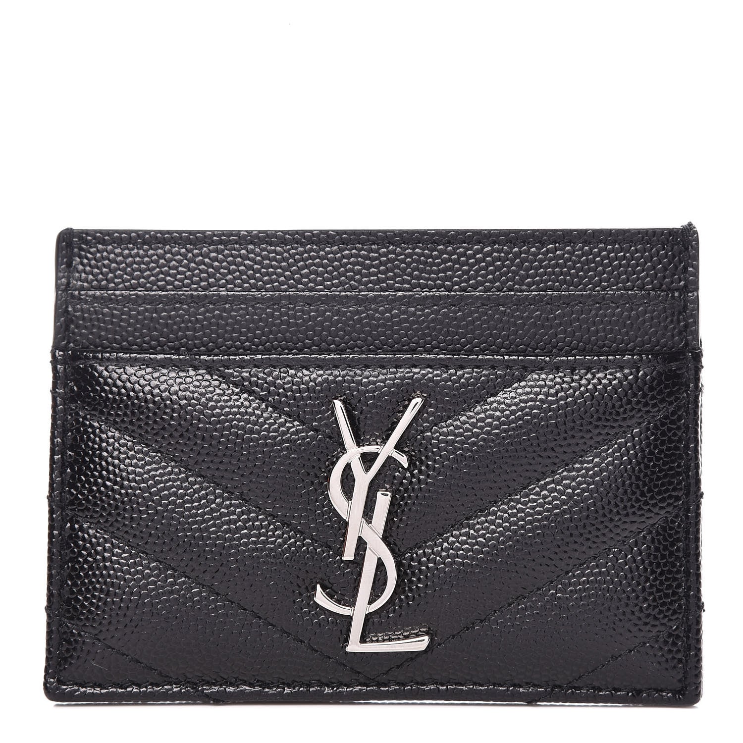 Saint Laurent Grain De Poudre Matelasse Chevron Monogram Credit Card Case Black 1 of 8