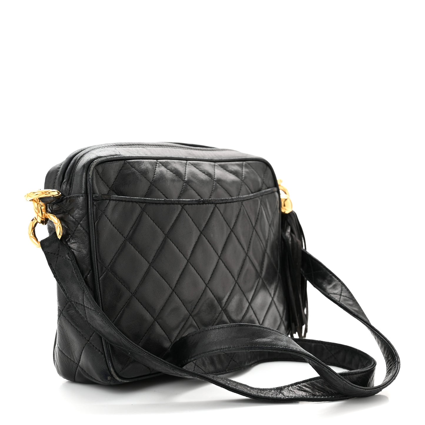 Lambskin Quilted Tassel Camera Case Black
