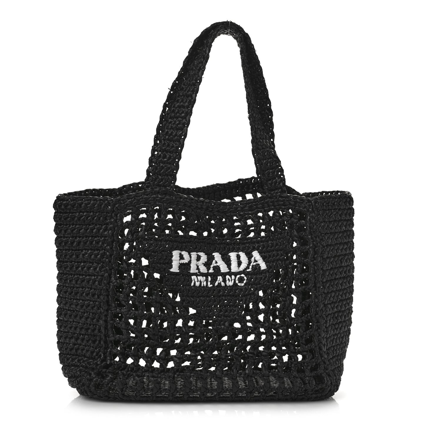 Yarn Raffia Effect Crochet Logo Embroidered Small Tote Bag Black