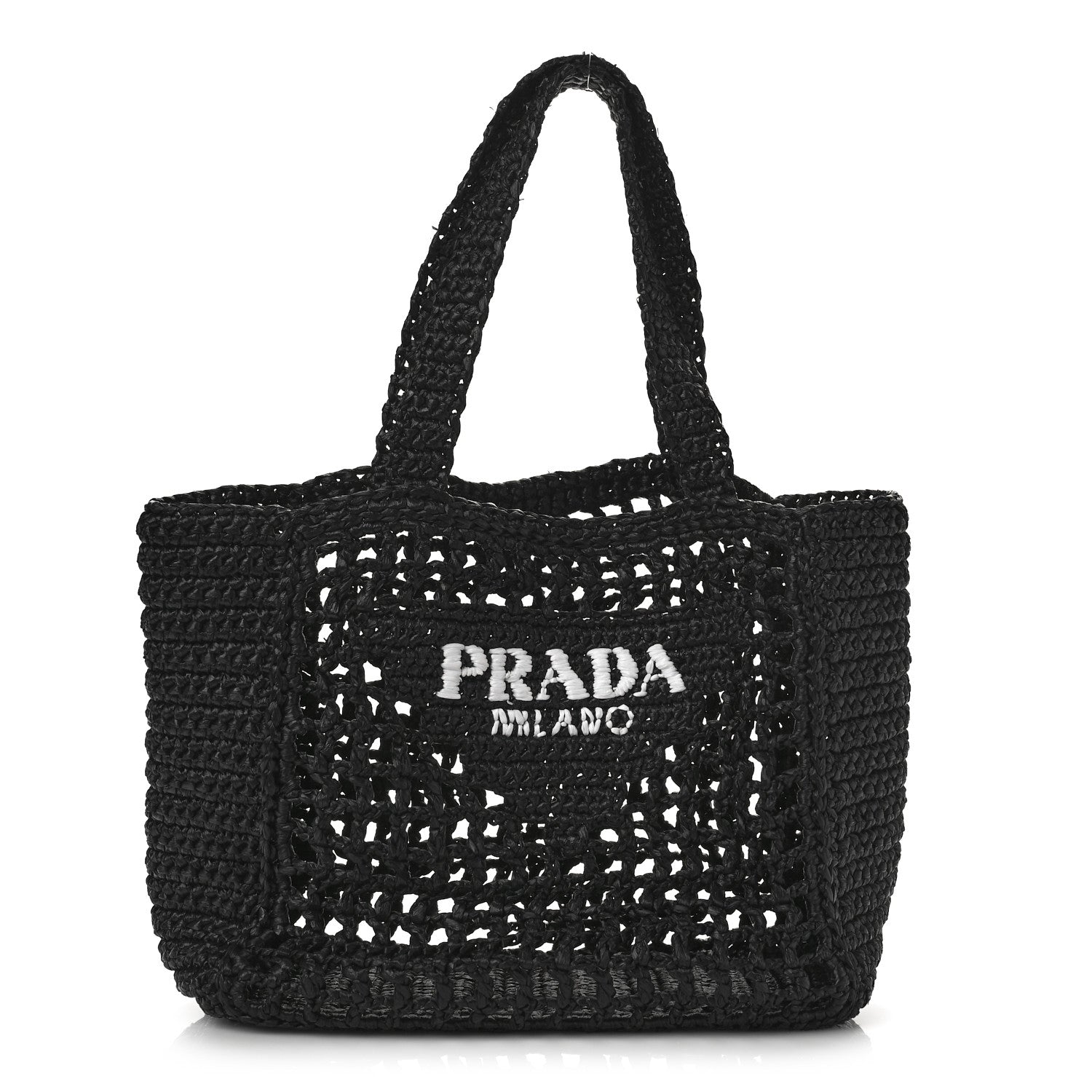 Prada Yarn Raffia Effect Crochet Logo Embroidered Small Tote Bag Black 1 of 7
