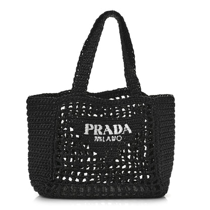 Prada Yarn Raffia Effect Crochet Logo Embroidered Small Tote Bag Black 1 of 7