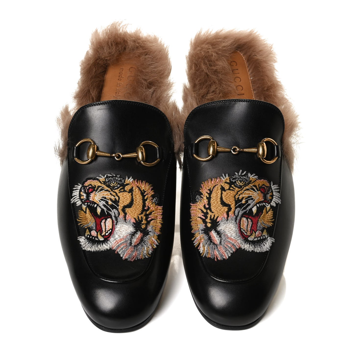 Calfskin Fur Tiger Embroidered Mens Princetown Slippers 9.5 Black