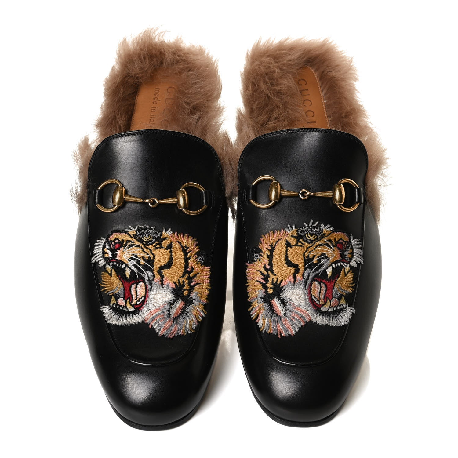 Gucci Calfskin Fur Tiger Embroidered Mens Princetown Slippers 9.5 Black 5 of 11