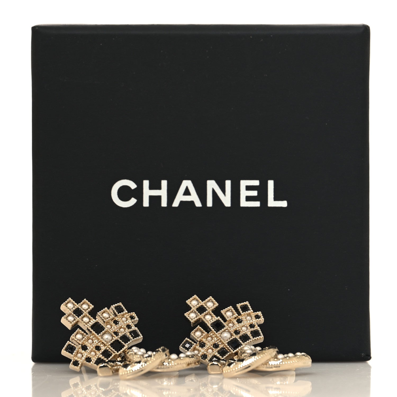 Chanel Resin Crystal Pearl CC Crown Drop Earrings Gold Black 5 of 5