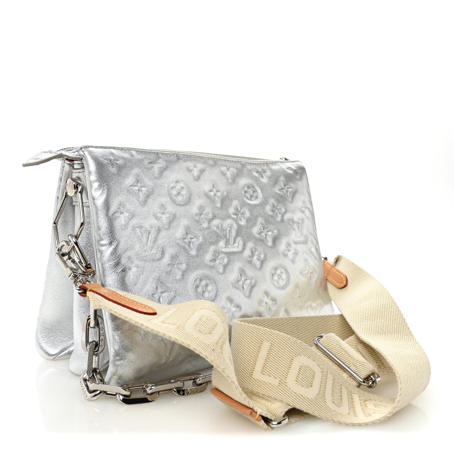 Metallic Lambskin Embossed Monogram Coussin PM Silver