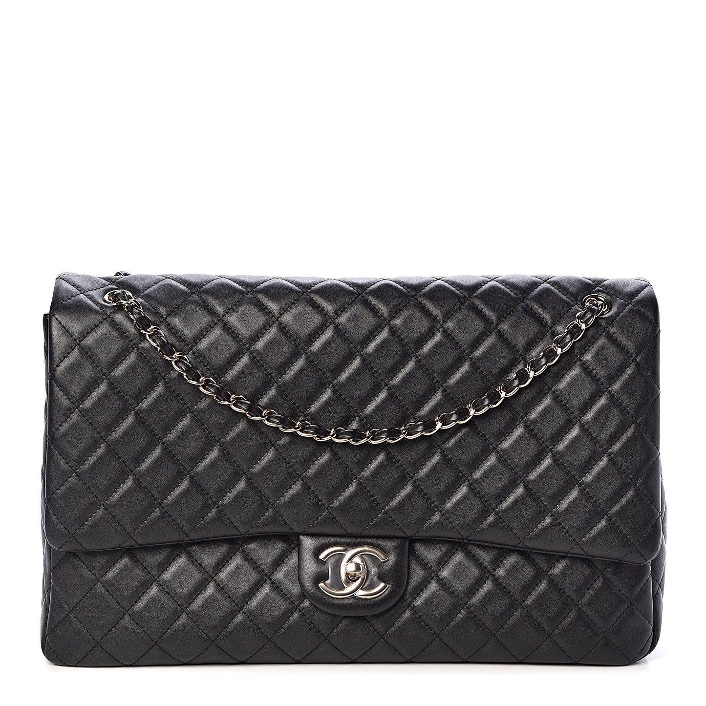 Metallized Calfskin Quilted XXL Travel Flap Bag Black
