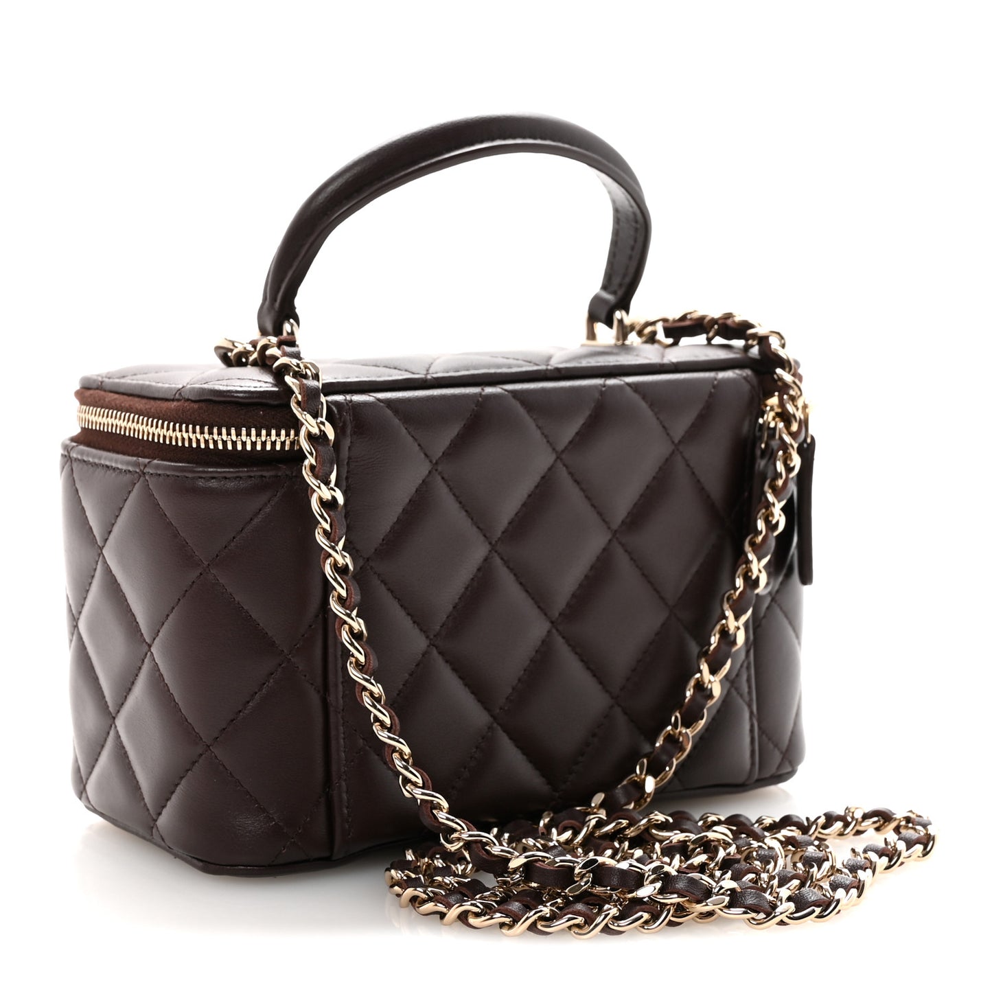 Lambskin Quilted Small Top Handle Vanity Case With Chain Dark Brown
