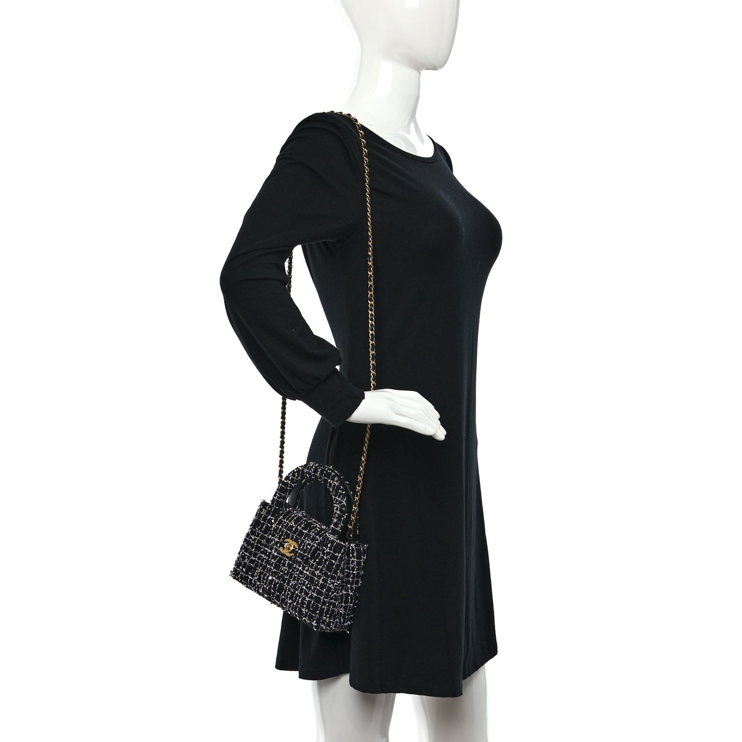 Tweed Quilted Nano Kelly Shopper Black White