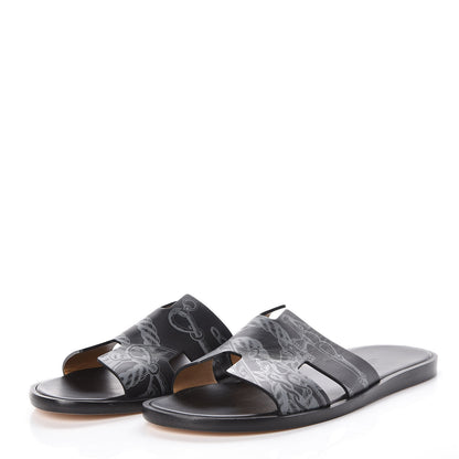 Hermes Calfskin Della Cavalleria Print Mens Izmir Sandals 43.5 Black 3 of 7