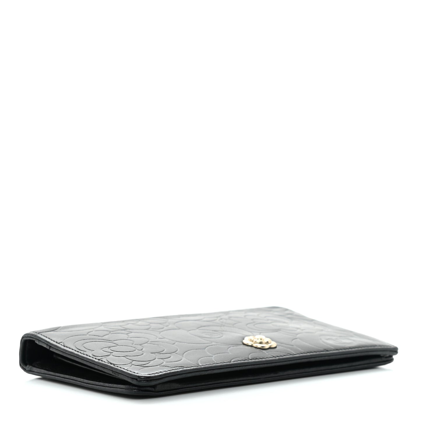 Lambskin Camellia Embossed Yen Wallet Black