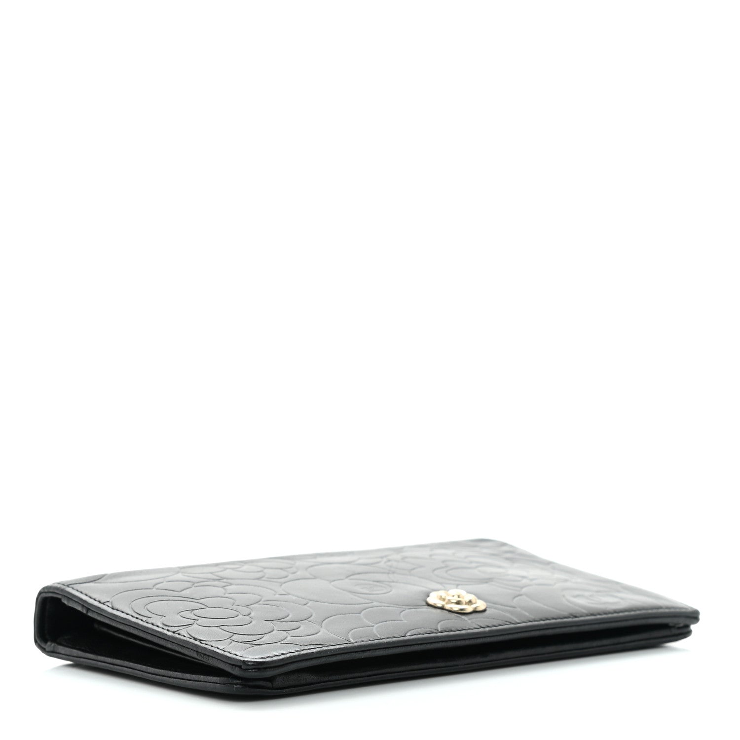 Chanel Lambskin Camellia Embossed Yen Wallet Black 5 of 11