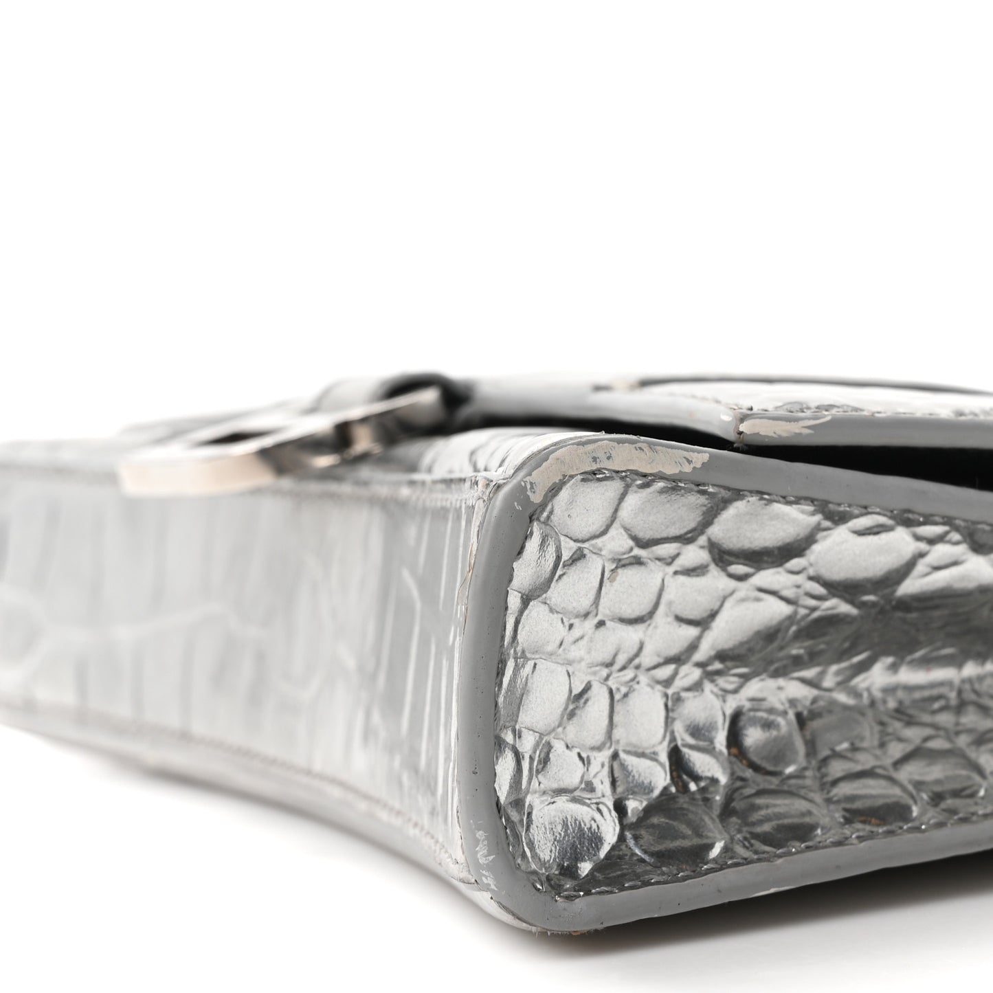 Metallic Calfskin Crocodile Embossed Hourglass Chain Bag Silver