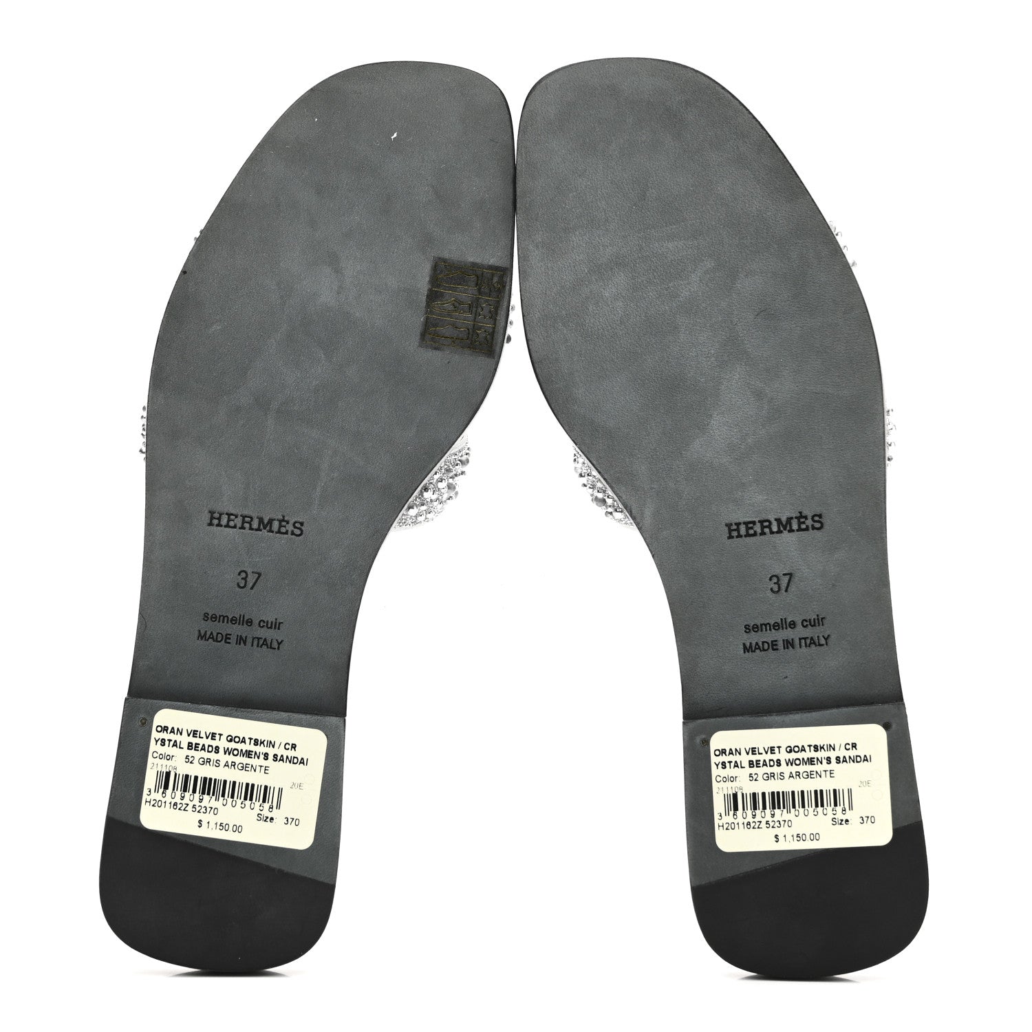 Hermes Velvet Goatskin Crystal Beads Oran Sandals 37 Gris Argente 7 of 11