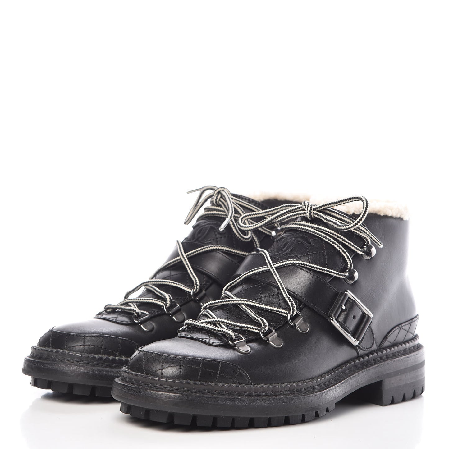 Shearling Calfskin Lace Up Short Boots 38 Black