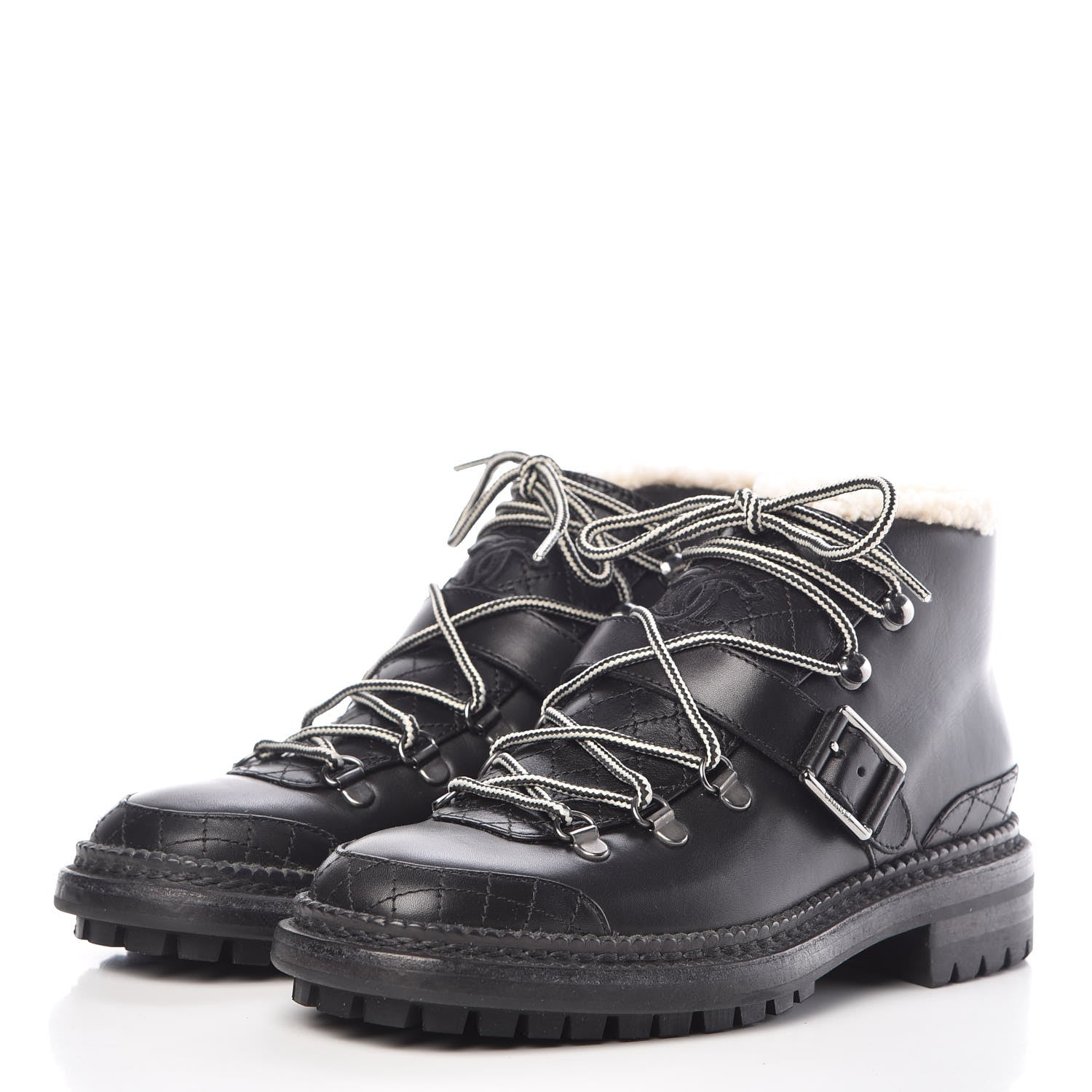 Chanel Shearling Calfskin Lace Up Short Boots 38 Black 3 of 7