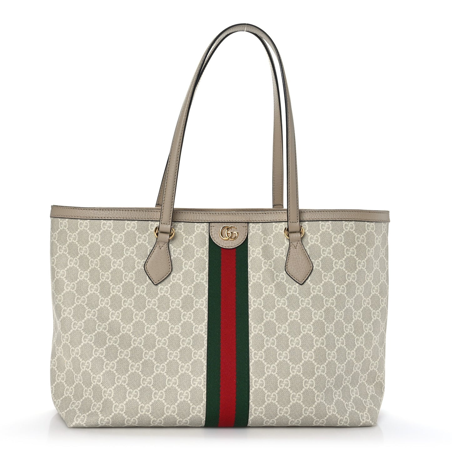 GG Supreme Monogram Textured Dollar Calfskin Web Medium Ophidia Shopping Tote Beige Mystic White Oatmeal