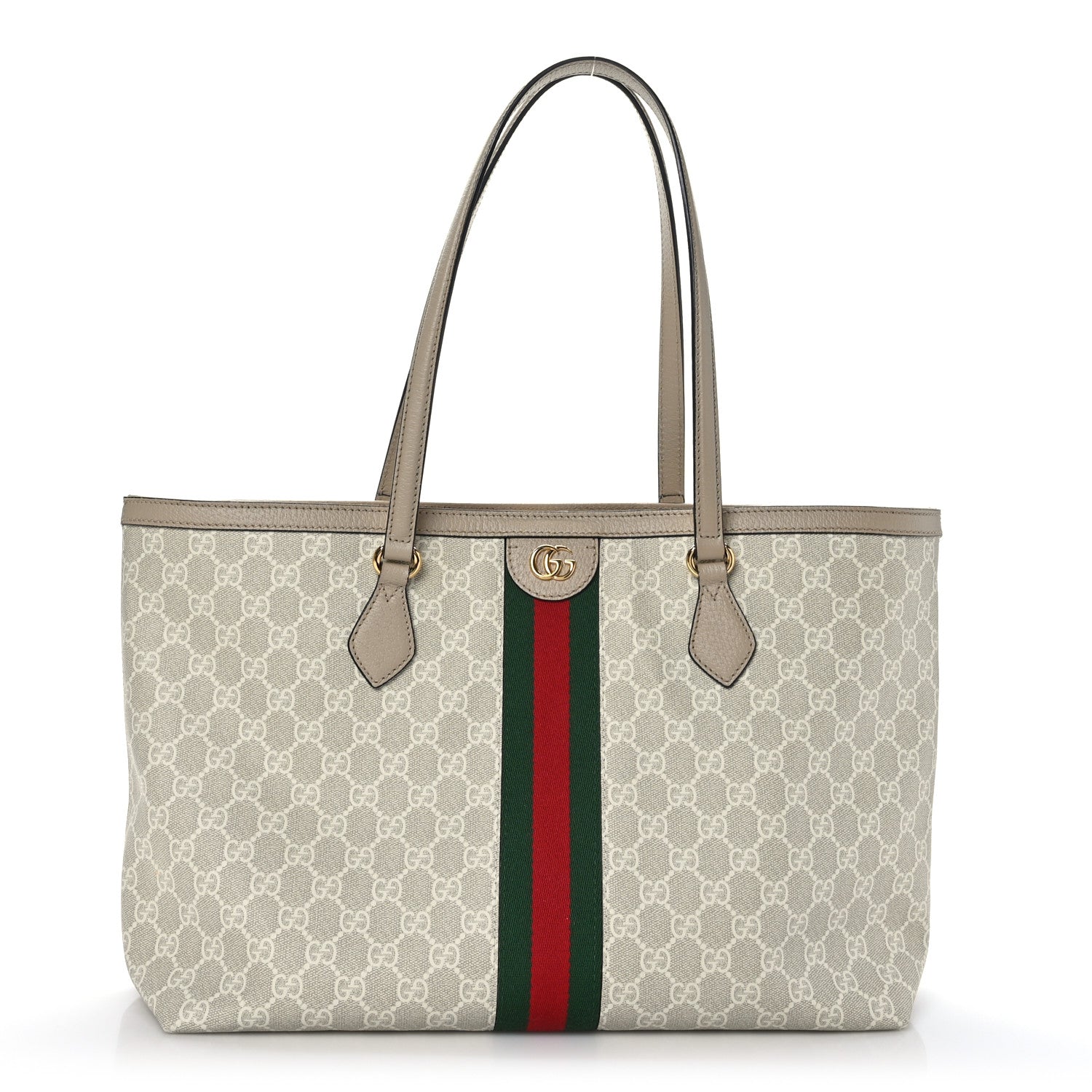Gucci GG Supreme Monogram Textured Dollar Calfskin Web Medium Ophidia Shopping Tote Beige Mystic White Oatmeal 1 of 10