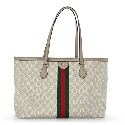 Gucci GG Supreme Monogram Textured Dollar Calfskin Web Medium Ophidia Shopping Tote Beige Mystic White Oatmeal 1 of 10