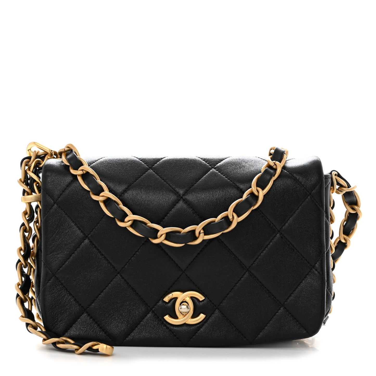 Shiny Lambskin Quilted Chain Around Flap Bag Black