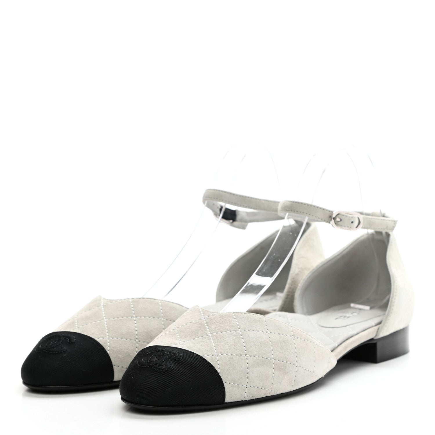 Chanel Suede Grosgrain Cap Toe CC Mary Jane Flats 40.5 Grey Black 3 of 9