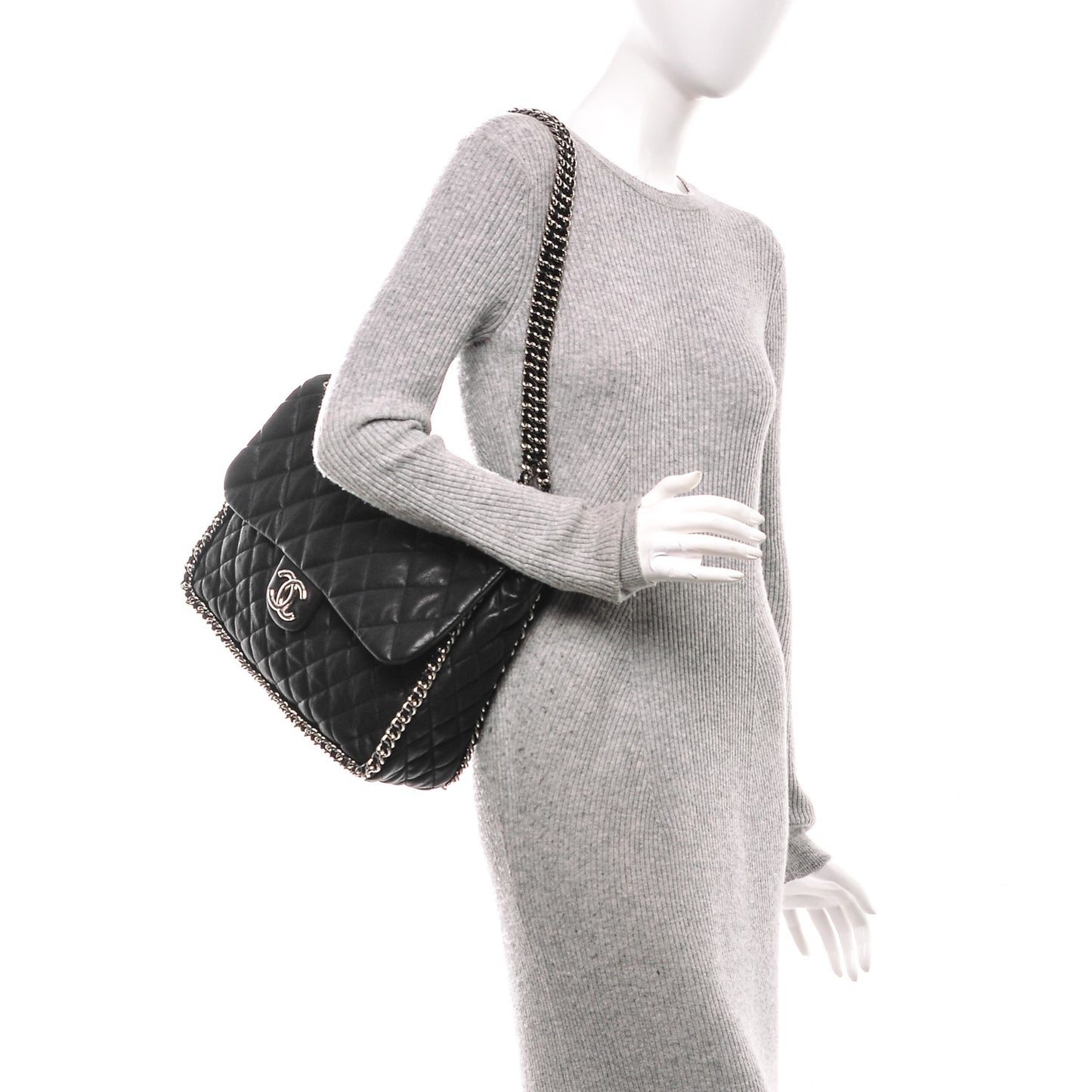 Washed Lambskin Quilted Maxi Chain Around Flap Black