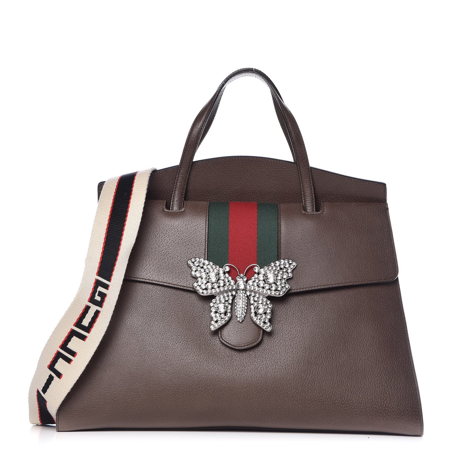 Gucci Textured Calfskin Web Crystal Butterfly Stripe Large Totem Top Handle Bag New Acero 1 of 11