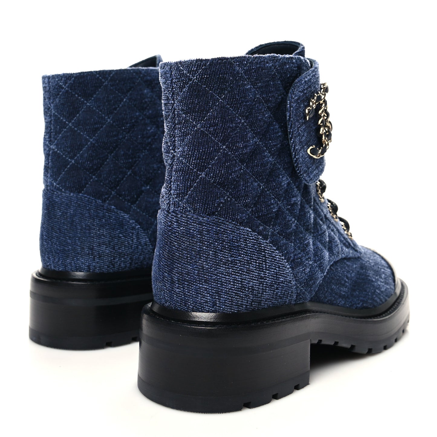 Shiny Calfskin Velvet Quilted Lace Up Combat Boots 37 Blue