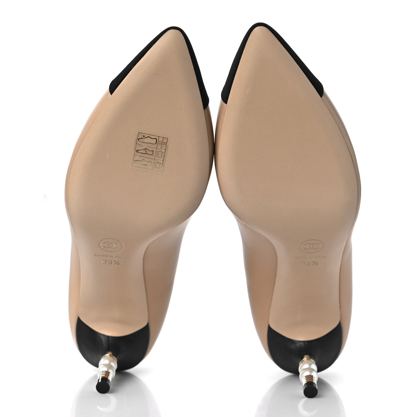 Lambskin Grosgrain Cap Toe CC Pearl Pumps 39.5 Beige Black