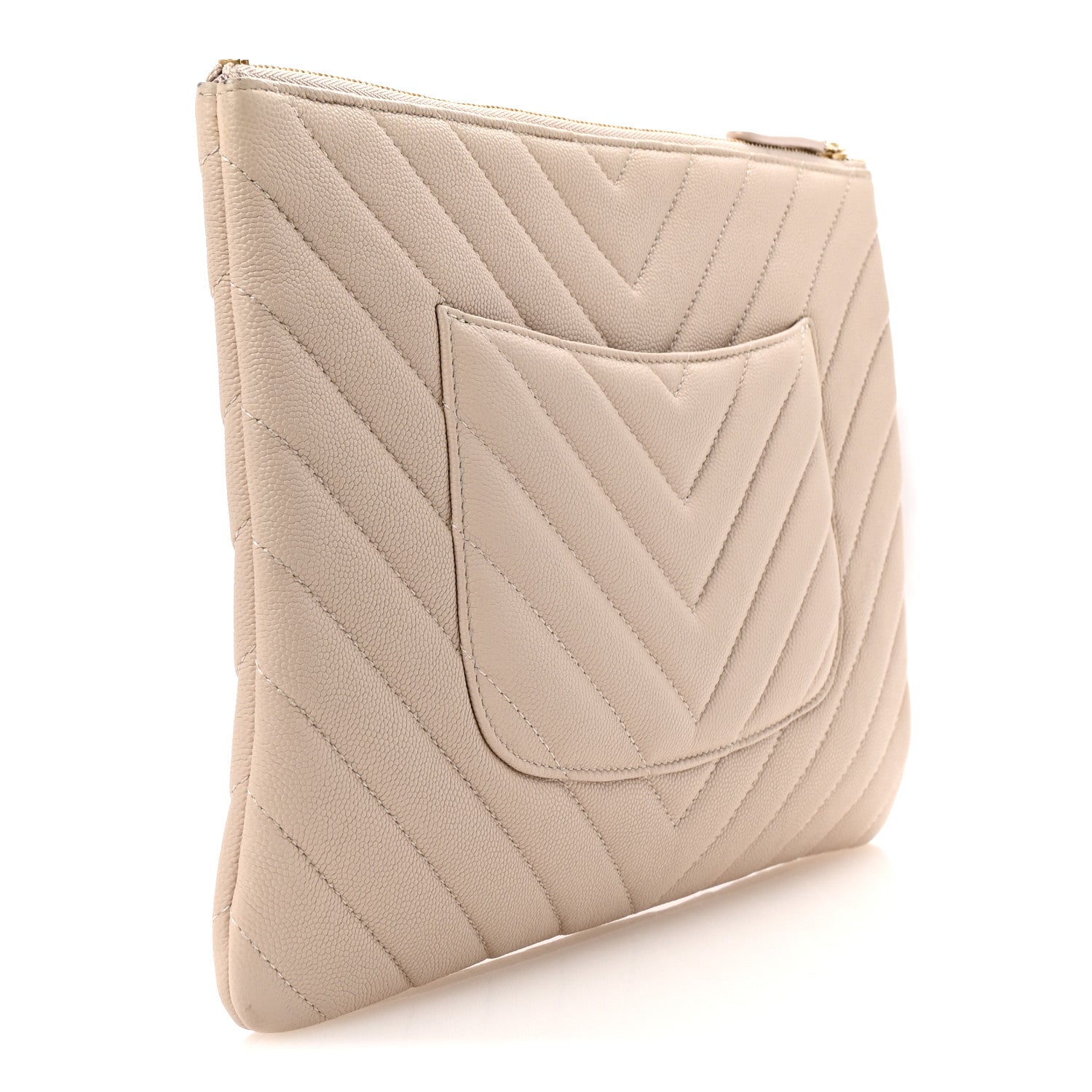 Chanel Caviar Chevron Quilted Medium Zip Pouch Light Beige 3 of 10