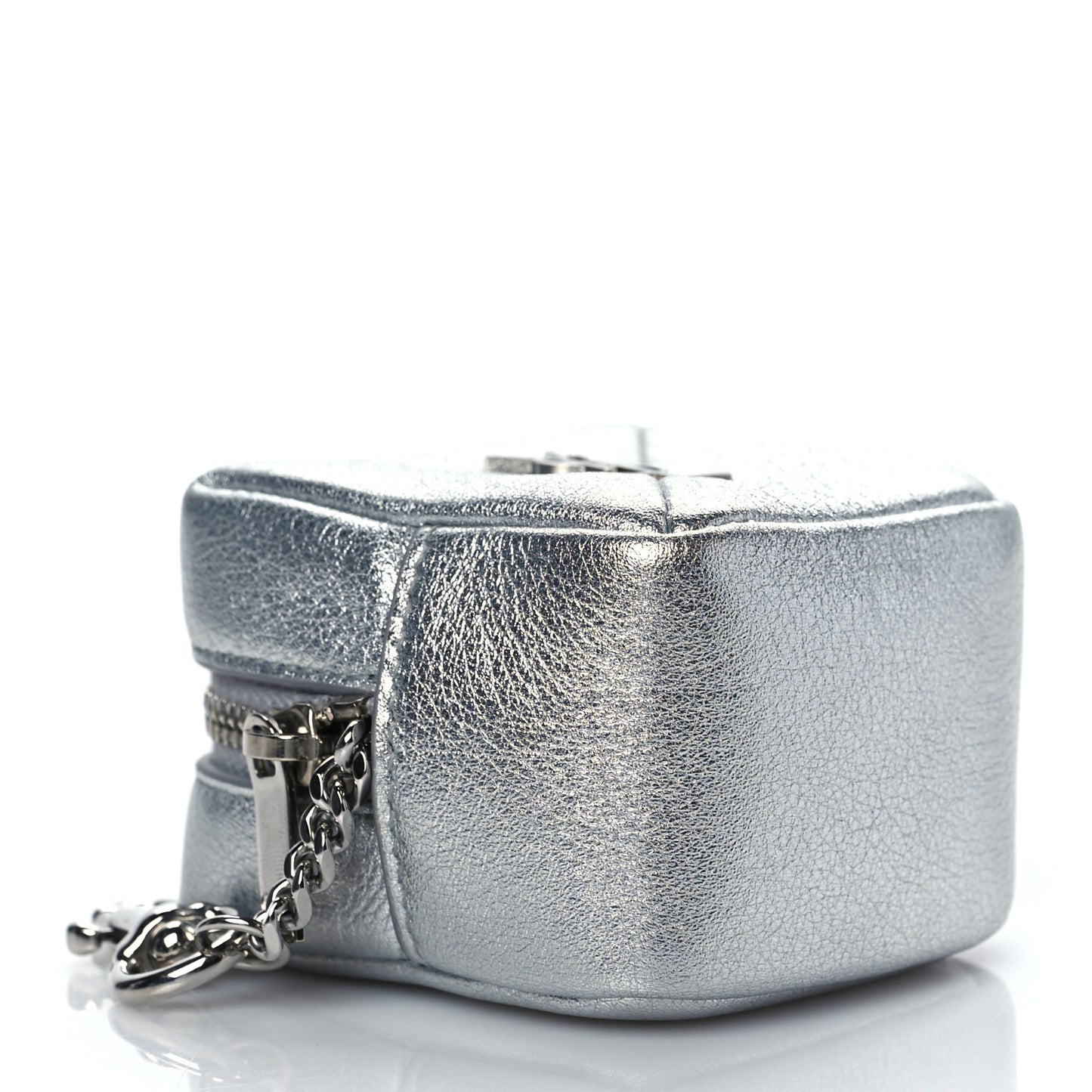 Crinkled Lame Calfskin Jaime Cube Charm Keychain Silver